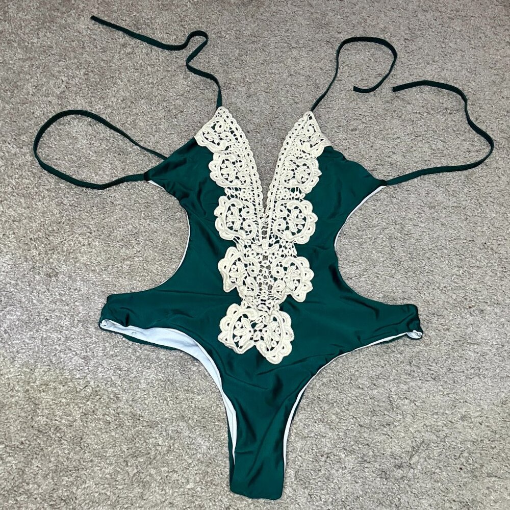 Green and Cream Crochet One-Piece Swimsuit